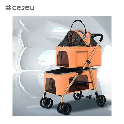 CJ-TQ-747-B Carrinho de animais de estimação de quatro rodas leve de duas camadas absorvente de choque gaiola dobrável Filhotes de cachorro transportadores viagem