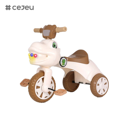 Triciclo em forma de dinossauro para crianças, com música, luzes, caixa de armazenamento, opções de cor rosa, verde, café