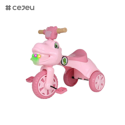 Triciclo em forma de dinossauro para crianças, com música, luzes, caixa de armazenamento, opções de cor rosa, verde, café
