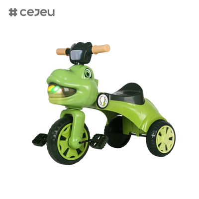 Triciclo em forma de dinossauro para crianças, com música, luzes, caixa de armazenamento, opções de cor rosa, verde, café
